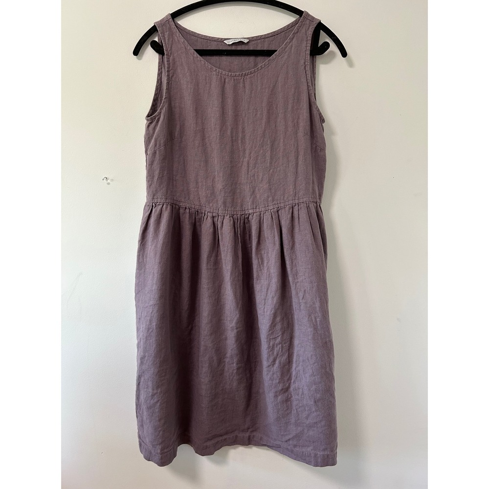 Linenfox Sleeveless Linen Smock Drop Waist Dress Women Size S Mauve Lagenlook